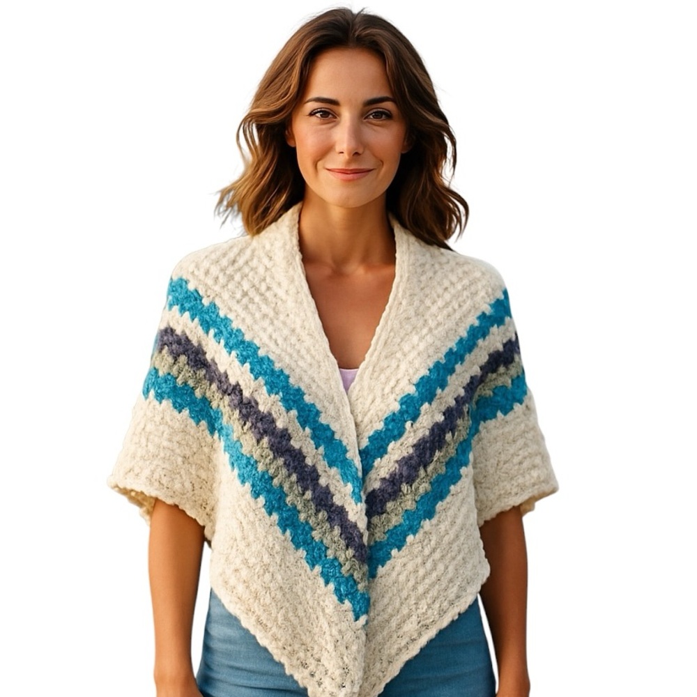 CROCHET SHAWL OPEN BOHO WRAP CREAMY TURQUOISE BLUE GREEN HOMEMADE HANDMADE SHAWL